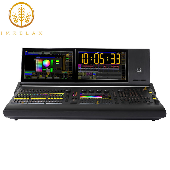 IMRELAX MA2 P2C Lightweight Linux-Based Lighting Console with Dual 15.4 Inch Foldable Touchscreens 6 DMX Outputs 4096 Channels Expandable to 65536 15 RGB Motorized Faders Built-in UPS RDM and Timecode Support Flight Case Include