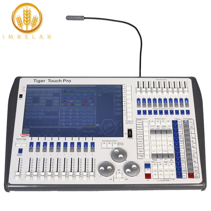 IMRELAX Tiger Touch Pro Lighting Console with 15.4 Inch Touchscreen 12 DMX Outputs 6144 Channels Expandable to 32768 10 Motorized Program Faders 10 Macro Keys 3 High-Precision Encoders 3D Visualizer Built-in UPS DMX Controller