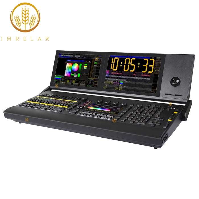 IMRELAX MA2 P2C Lightweight Linux-Based Lighting Console with Dual 15.4 Inch Foldable Touchscreens 6 DMX Outputs 4096 Channels Expandable to 65536 15 RGB Motorized Faders Built-in UPS RDM and Timecode Support Flight Case Include