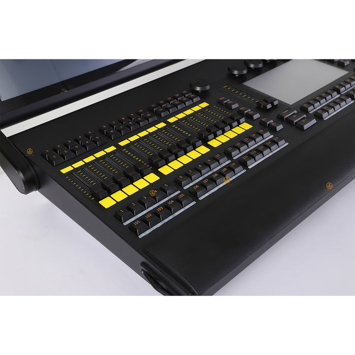 IMRELAX MA2 P2C Lightweight Linux-Based Lighting Console with Dual 15.4 Inch Foldable Touchscreens 6 DMX Outputs 4096 Channels Expandable to 65536 15 RGB Motorized Faders Built-in UPS RDM and Timecode Support Flight Case Include