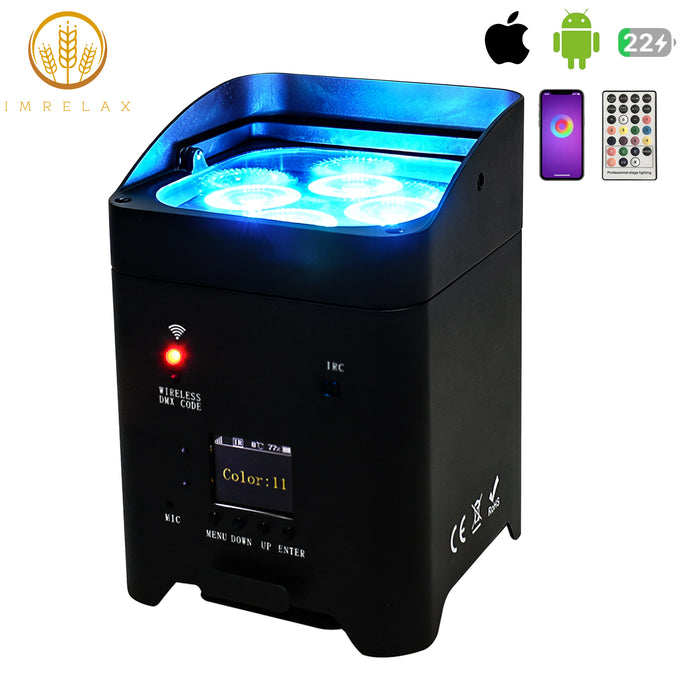 IMRELAX Mini Rechargeable LED 4x18W RGBWA + UV Par Light Wireless Wash Light Controlled by Phone APP Remote Controller Wedding Stage