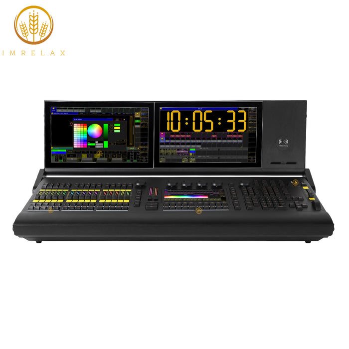 IMRELAX MA2 P2C Lightweight Linux-Based Lighting Console with Dual 15.4 Inch Foldable Touchscreens 6 DMX Outputs 4096 Channels Expandable to 65536 15 RGB Motorized Faders Built-in UPS RDM and Timecode Support Flight Case Include