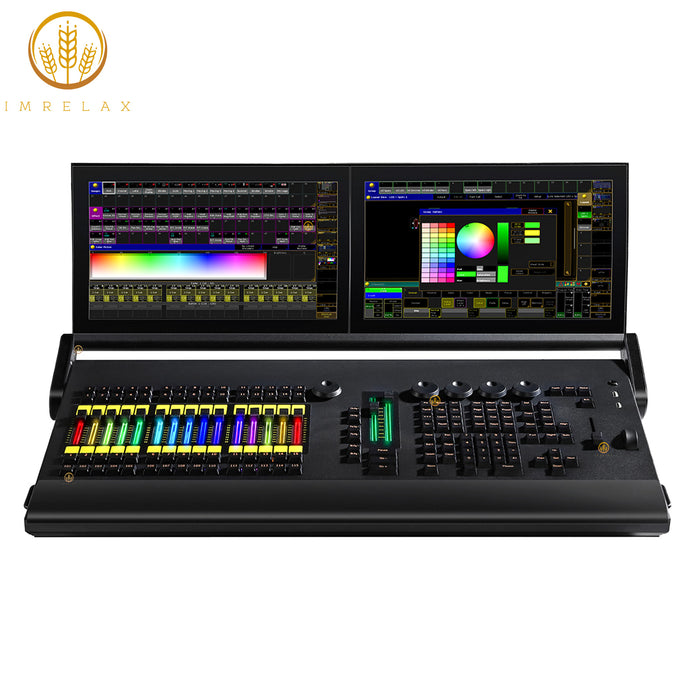 IMRELAX MA2 PC Console T2 Professional Lighting Console with Dual 15.6 Inch Touchscreens 6 DMX Outputs 256 Domains 65536 Channels 15 Motorized RGB Faders Built in UPS Flight Case Included