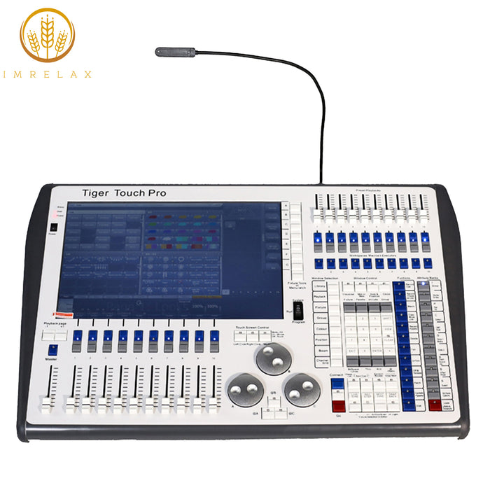IMRELAX Tiger Touch Pro Lighting Console with 15.4 Inch Touchscreen 12 DMX Outputs 6144 Channels Expandable to 32768 10 Motorized Program Faders 10 Macro Keys 3 High-Precision Encoders 3D Visualizer Built-in UPS DMX Controller