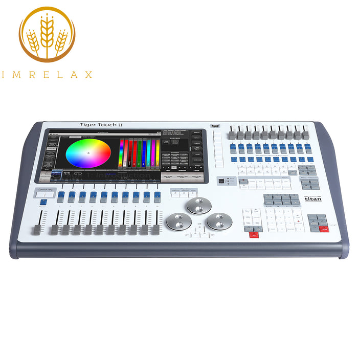 IMRELAX Tiger Touch II Lighting Console with 15.6 Inch Touchscreen 12 DMX Outputs 6144 Channels Expandable to 32768 10 Motorized Program Faders 10 Macro Keys 3 High-Precision Encoders 3D Visualizer Built-in UPS